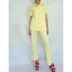 1970s Vintage Leisure Suit: Yellow Polyester Pantsuit, Womens Medium
